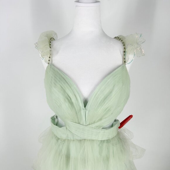 NWT Mac Duggal Mint Ruffle Tiered Tulle Cut Out Gown, Style 60670 - Picture 5 of 15